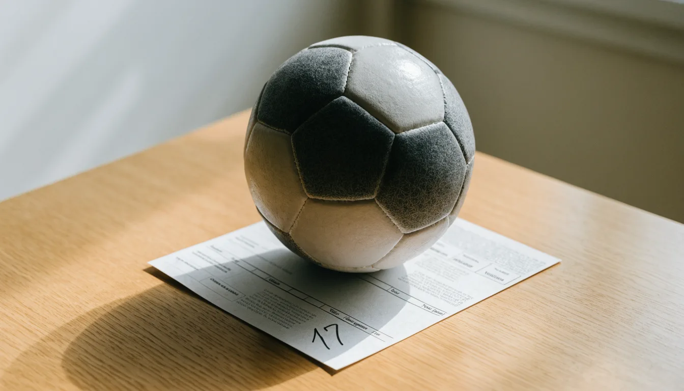 Uma bola de futebol pousada sobre um talão de apostas em branco numa mesa de madeira, à luz do dia