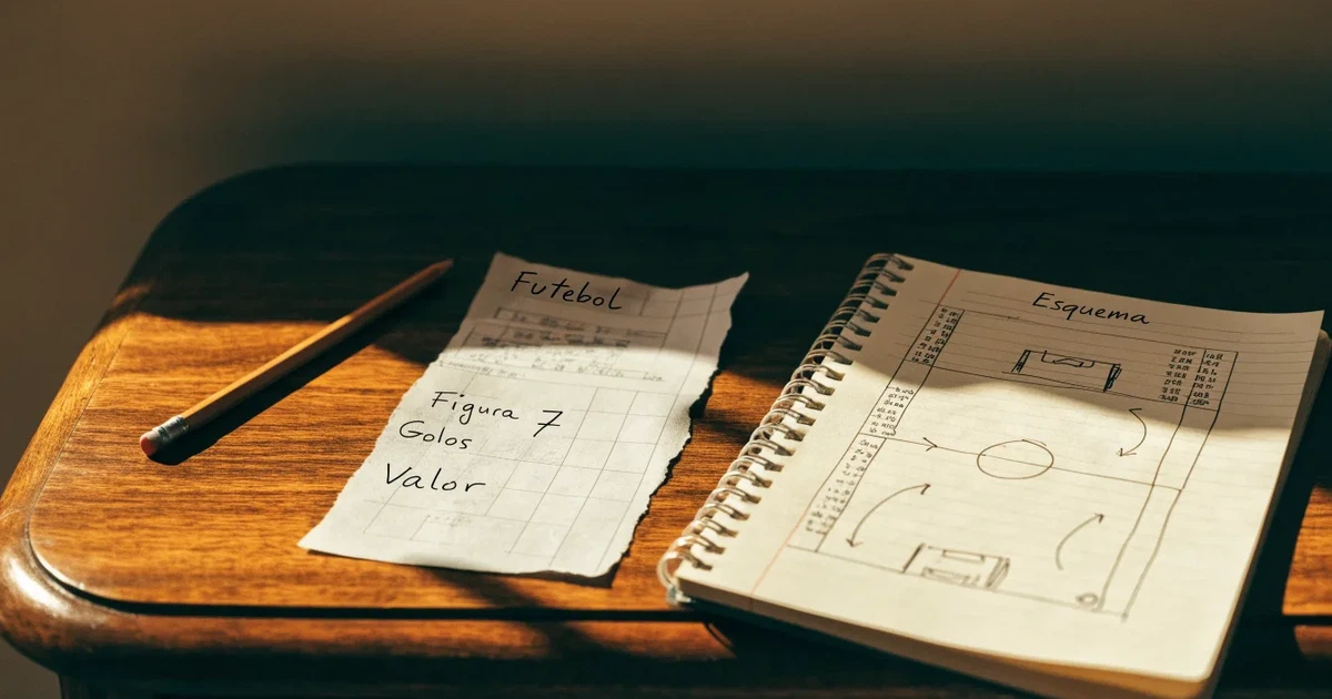 Um talão de apostas em branco ao lado de uma calculadora e de um bloco de notas com um esquema desenhado à mão
