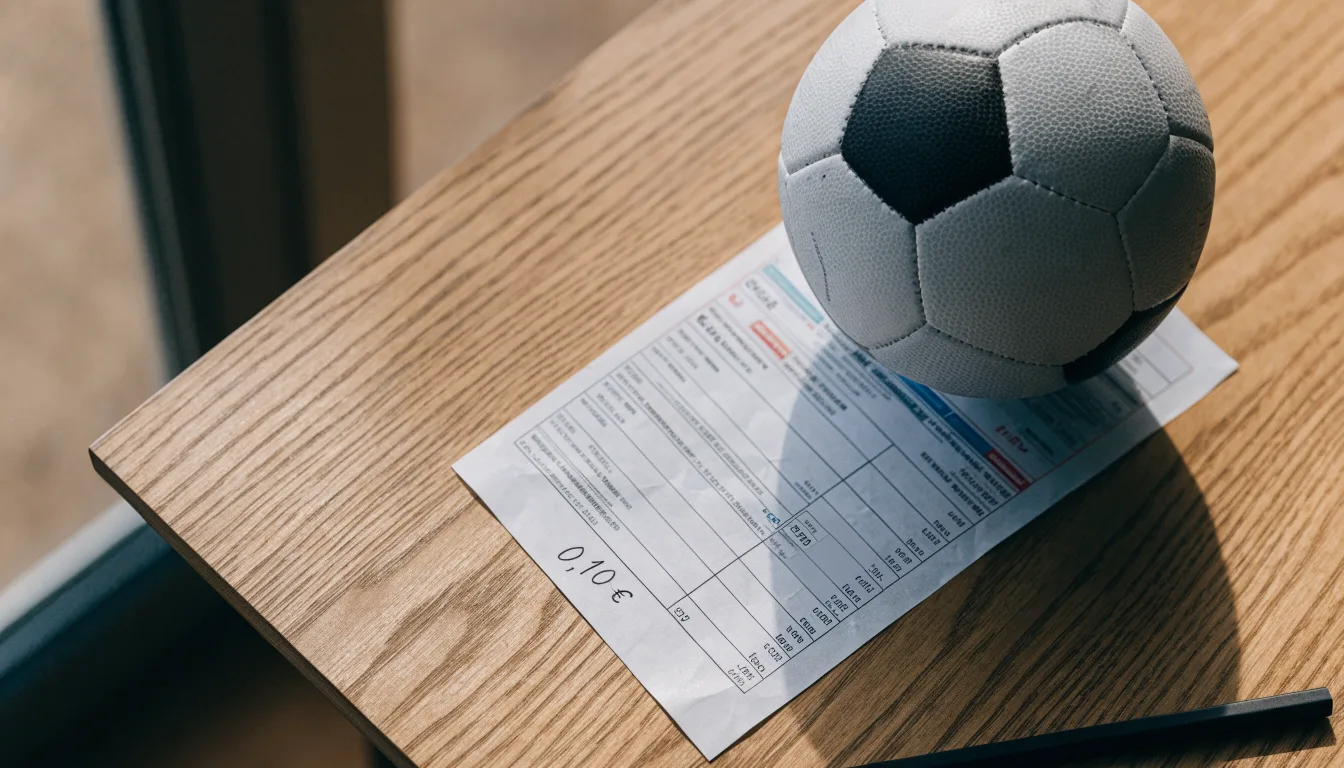 Uma bola de futebol pousada sobre um talão de apostas em branco numa mesa de madeira, à luz do dia