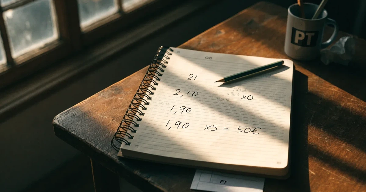 Um caderno aberto com cotas escritas à mão, uma calculadora e um lápis sobre uma mesa de madeira