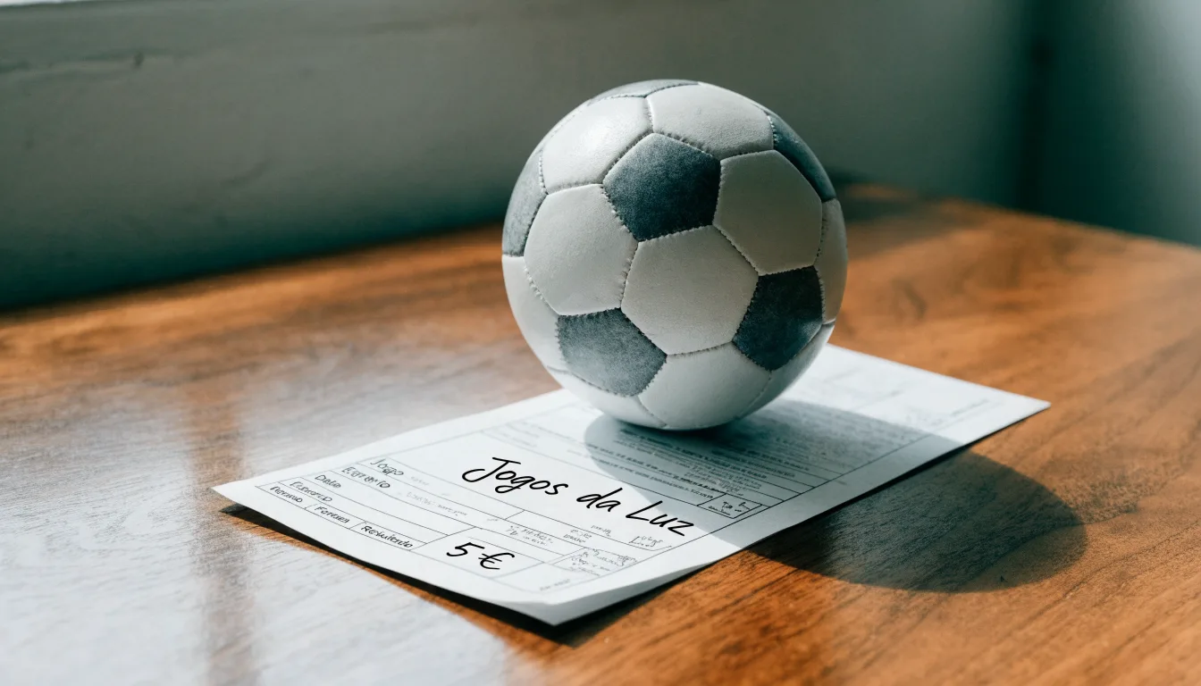 Uma bola de futebol pousada sobre um talão de apostas em branco numa mesa de madeira, à luz do dia