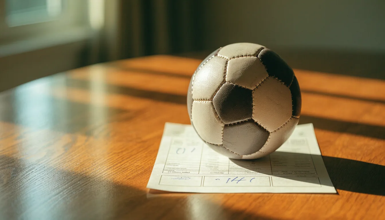 Uma bola de futebol pousada sobre um talão de apostas em branco numa mesa de madeira, à luz do dia