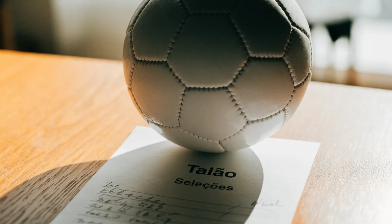 Uma bola de futebol pousada sobre um talão de apostas em branco numa mesa de madeira, à luz do dia