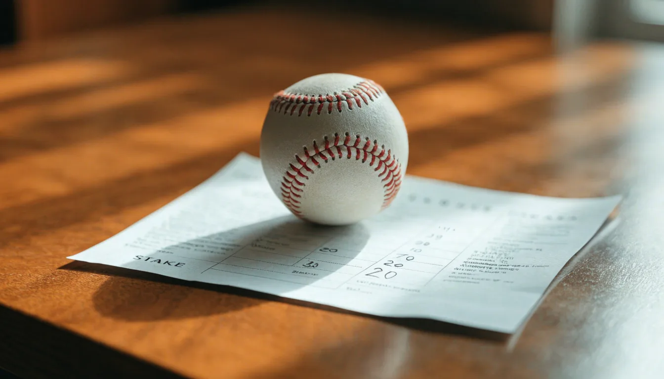 Uma bola de futebol pousada sobre um talão de apostas em branco numa mesa de madeira, à luz do dia