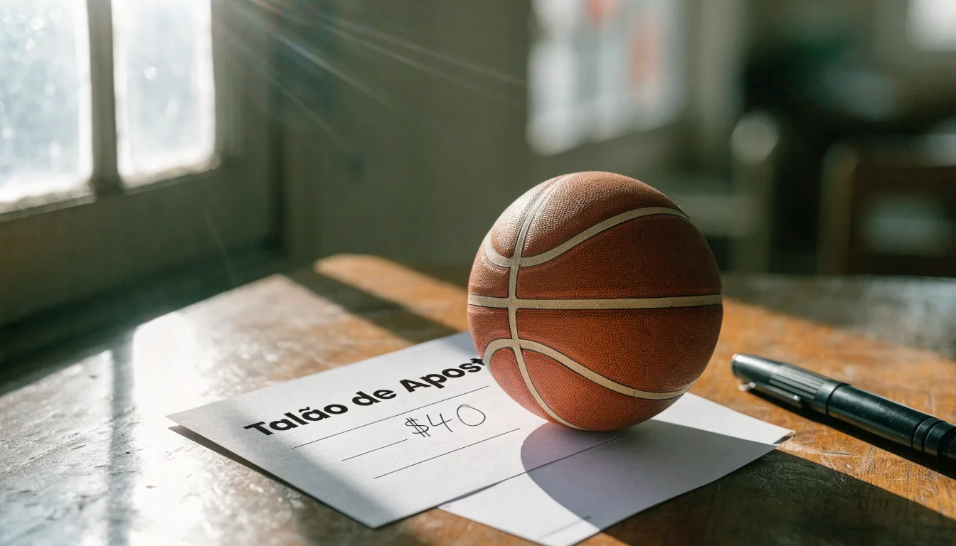 Uma bola de futebol pousada sobre um talão de apostas em branco numa mesa de madeira, à luz do dia