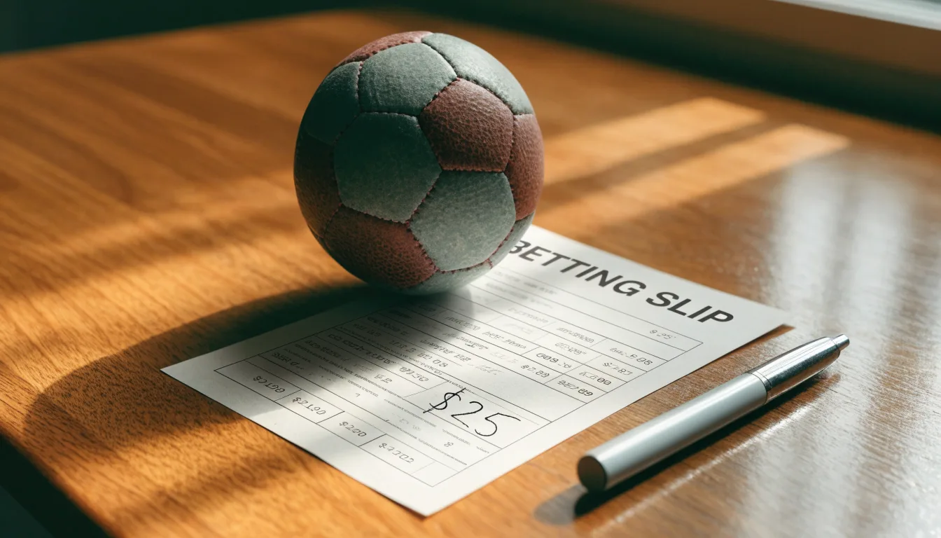 Uma bola de futebol pousada sobre um talão de apostas em branco numa mesa de madeira, à luz do dia
