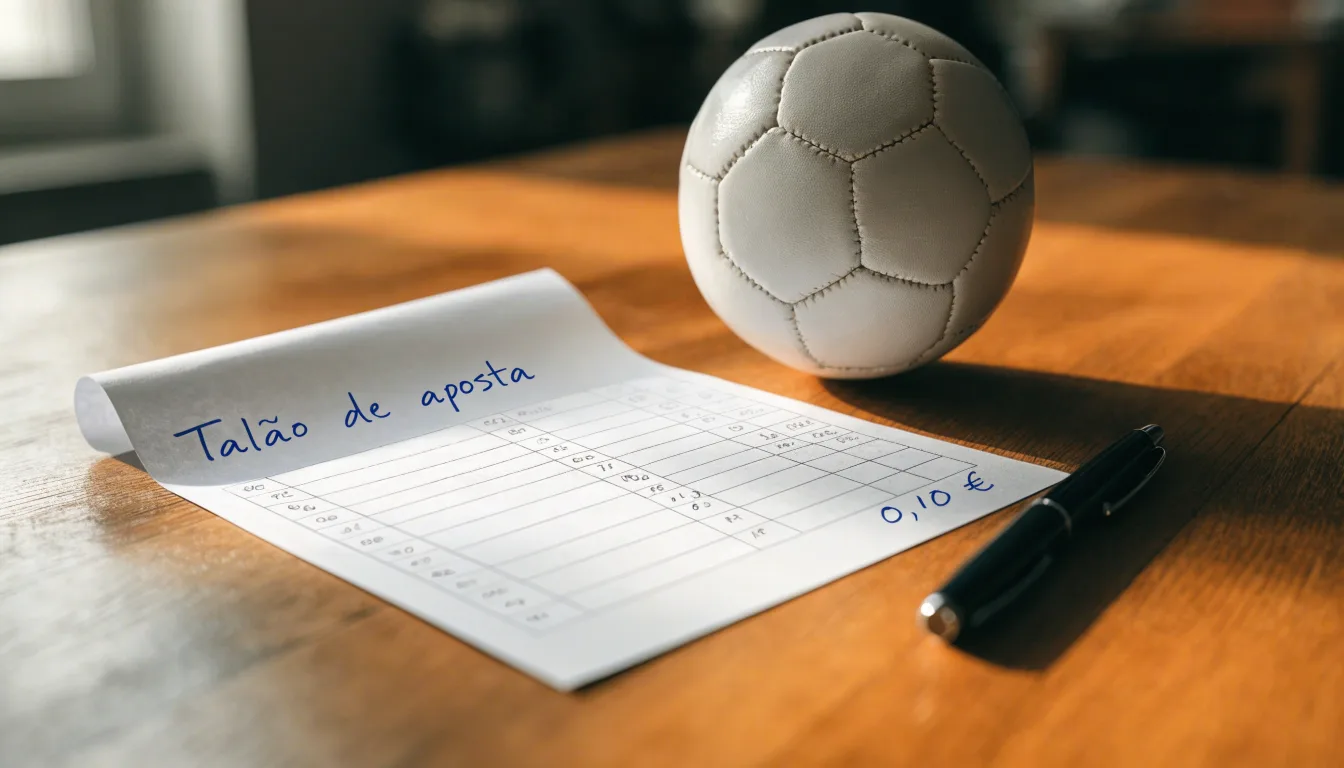 Uma bola de futebol pousada sobre um talão de apostas em branco numa mesa de madeira, à luz do dia