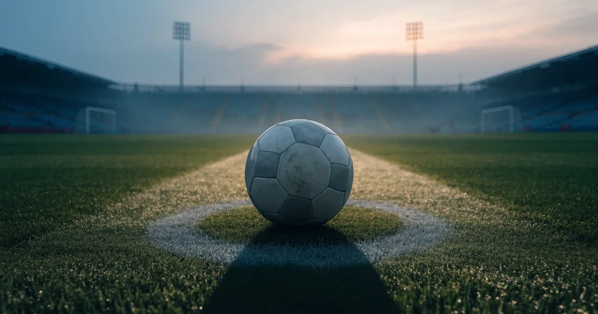 Uma bola de futebol no ponto central de um relvado, à luz da manhã