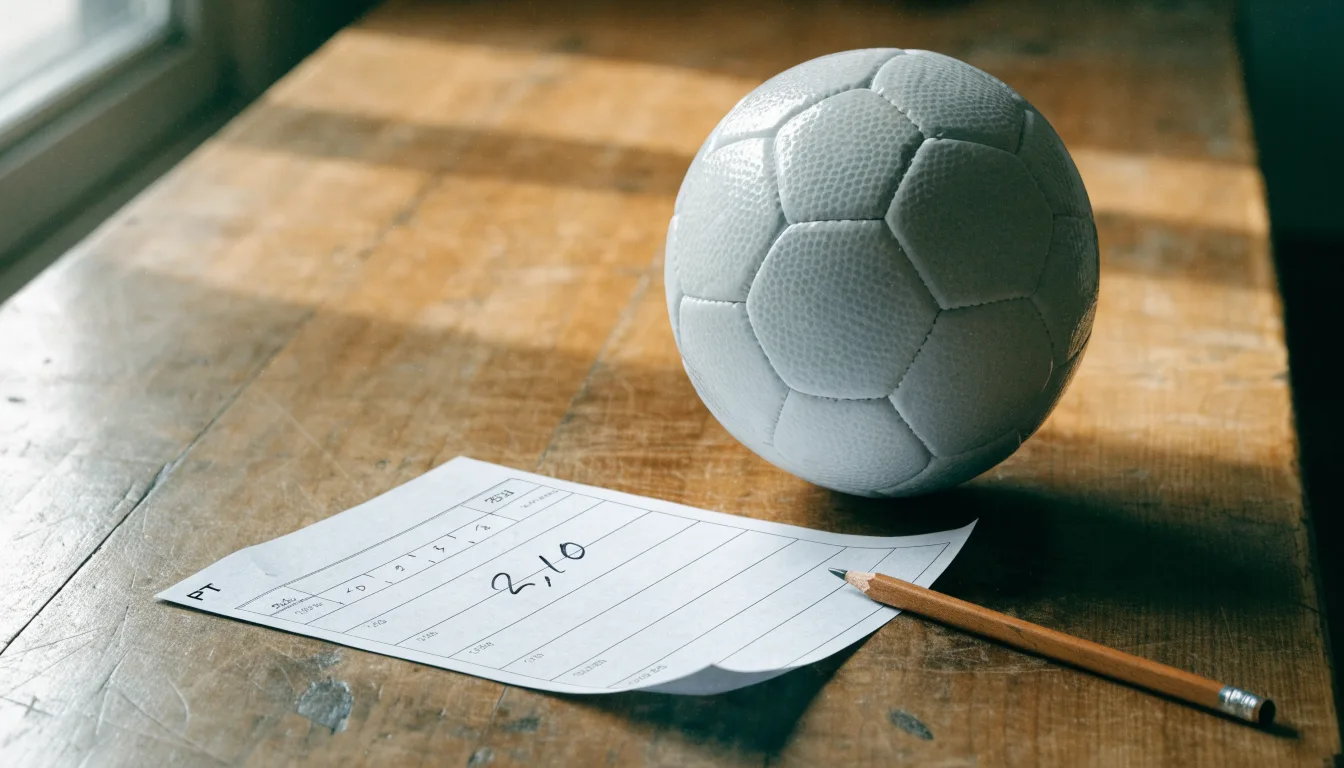 Uma bola de futebol pousada sobre um talão de apostas em branco numa mesa de madeira, à luz do dia