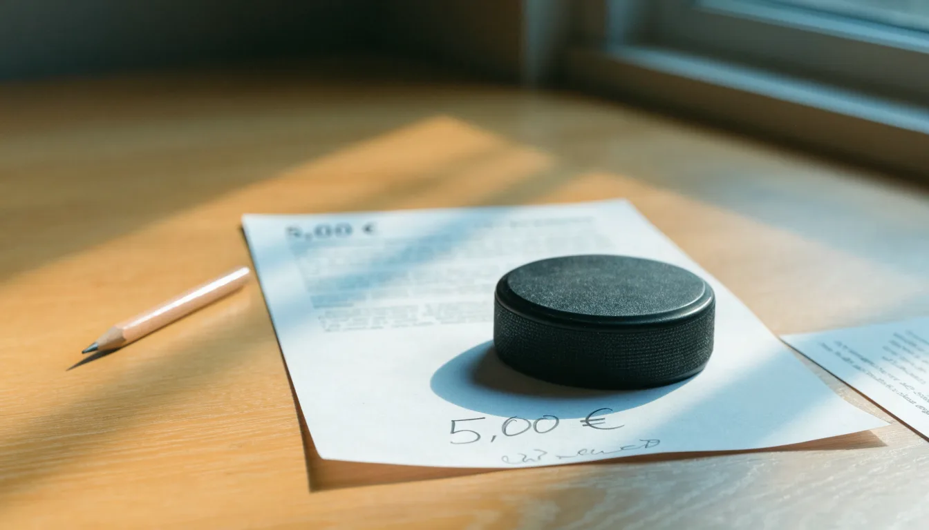 Uma bola de futebol pousada sobre um talão de apostas em branco numa mesa de madeira, à luz do dia