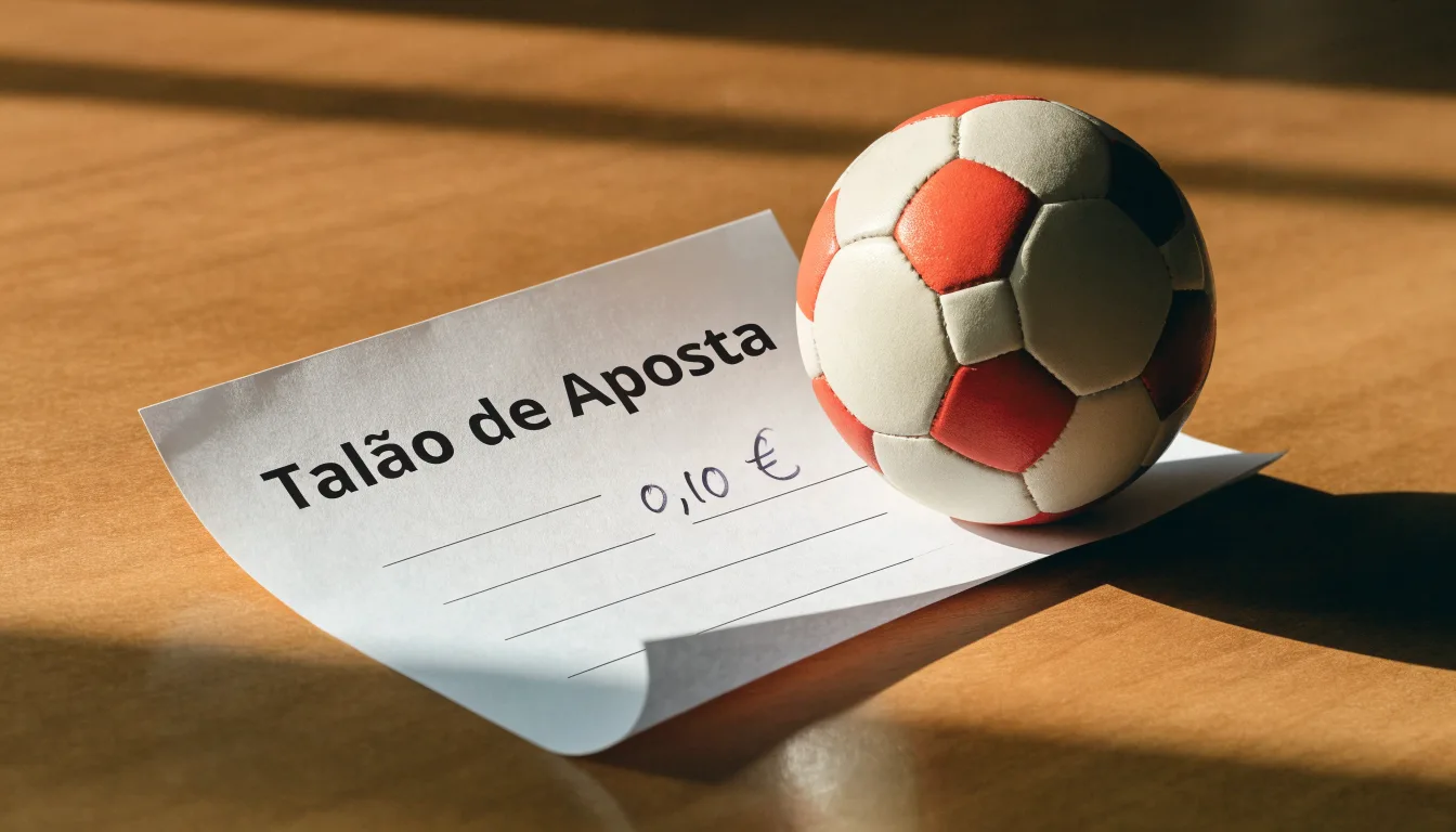 Uma bola de futebol pousada sobre um talão de apostas em branco numa mesa de madeira, à luz do dia