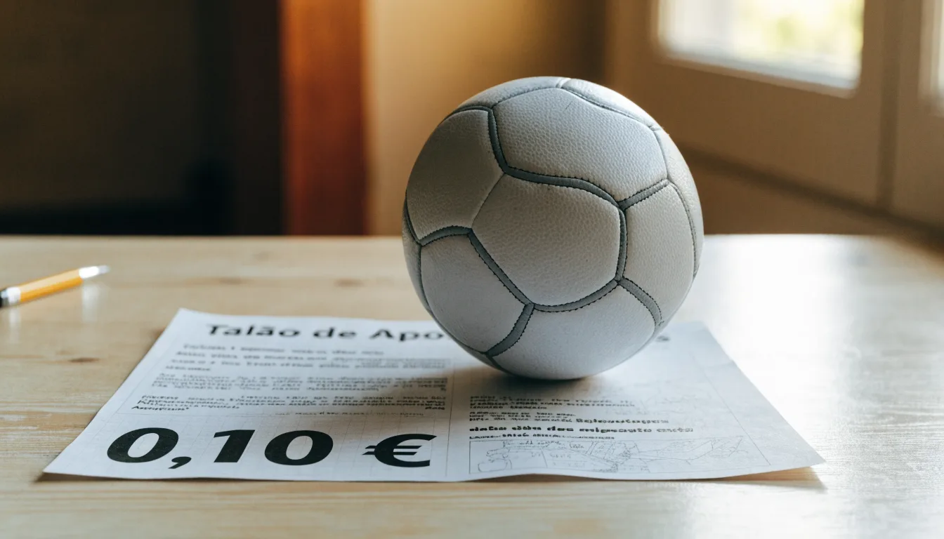 Uma bola de futebol pousada sobre um talão de apostas em branco numa mesa de madeira, à luz do dia