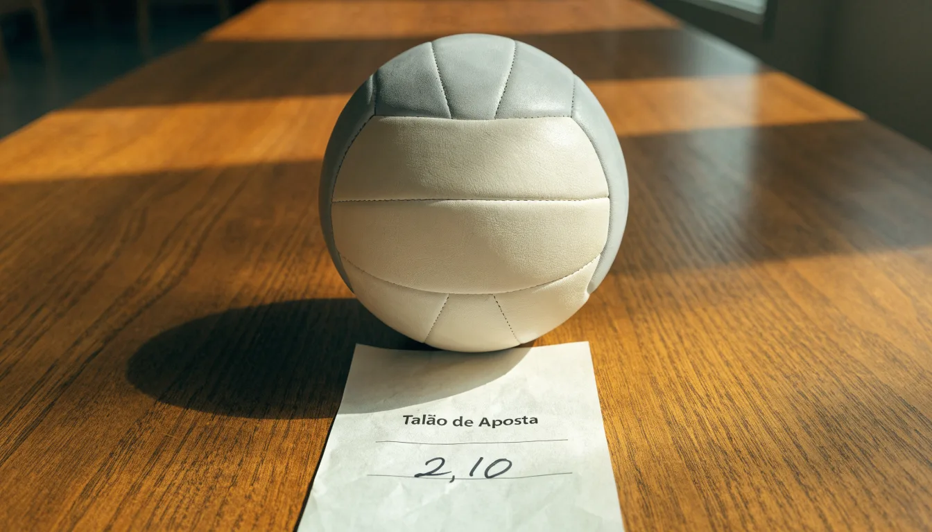 Uma bola de futebol pousada sobre um talão de apostas em branco numa mesa de madeira, à luz do dia