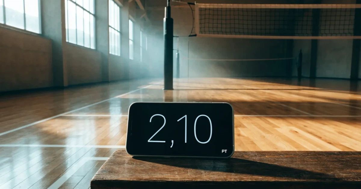 Uma bola de futebol no ponto central de um relvado, à luz da manhã
