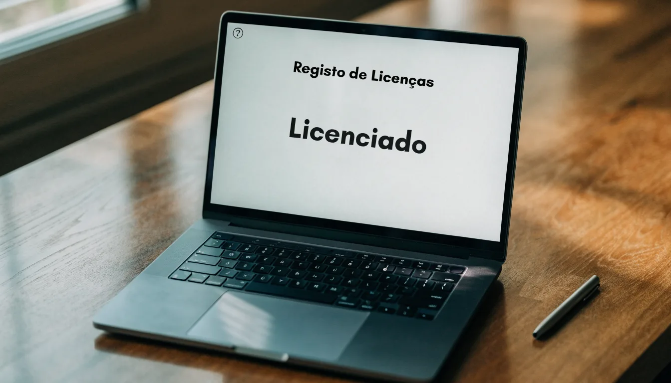 Uma folha de licença em papel com um selo vermelho, pousada numa secretária de madeira ao lado de uma caneta