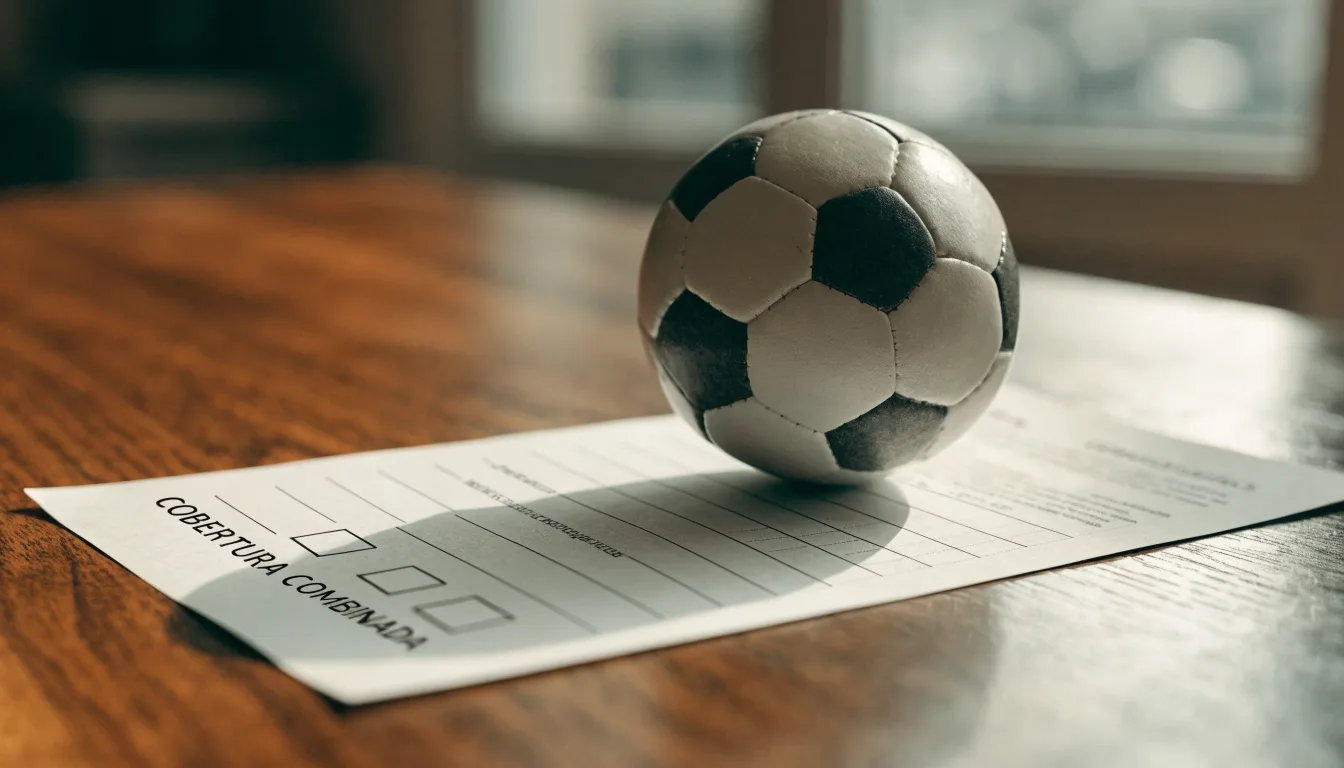 Uma bola de futebol pousada sobre um talão de apostas em branco numa mesa de madeira, à luz do dia