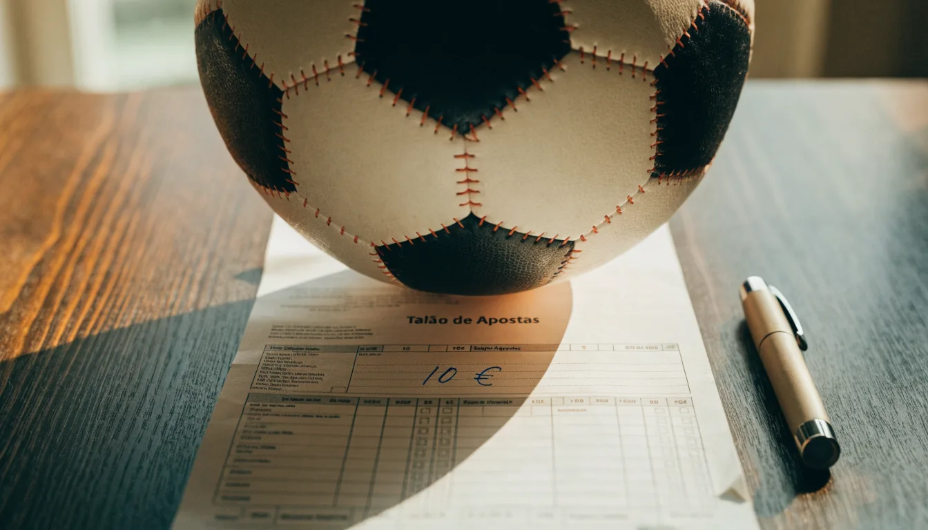 Uma bola de futebol pousada sobre um talão de apostas em branco numa mesa de madeira, à luz do dia