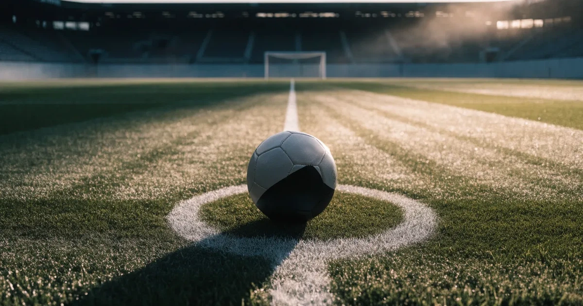 Uma bola de futebol no ponto central de um relvado, à luz da manhã