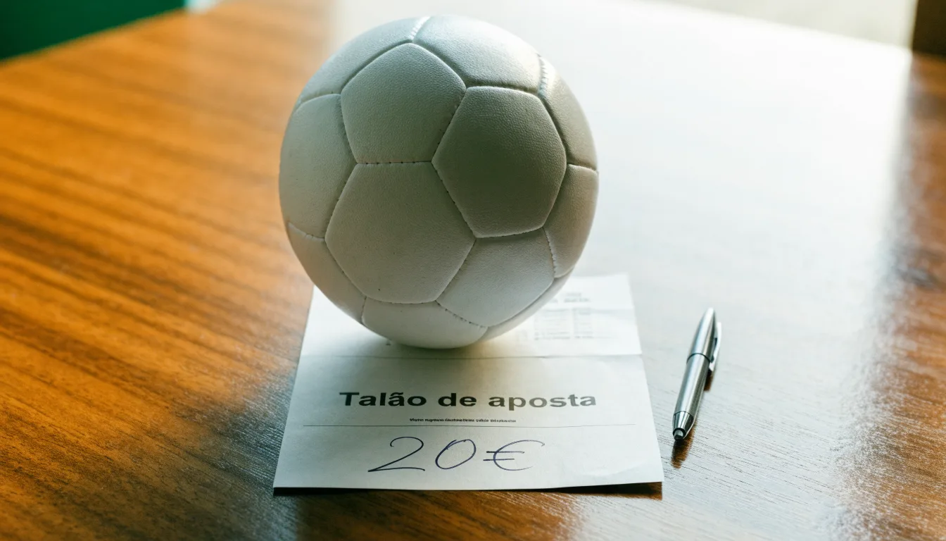 Uma bola de futebol pousada sobre um talão de apostas em branco numa mesa de madeira, à luz do dia
