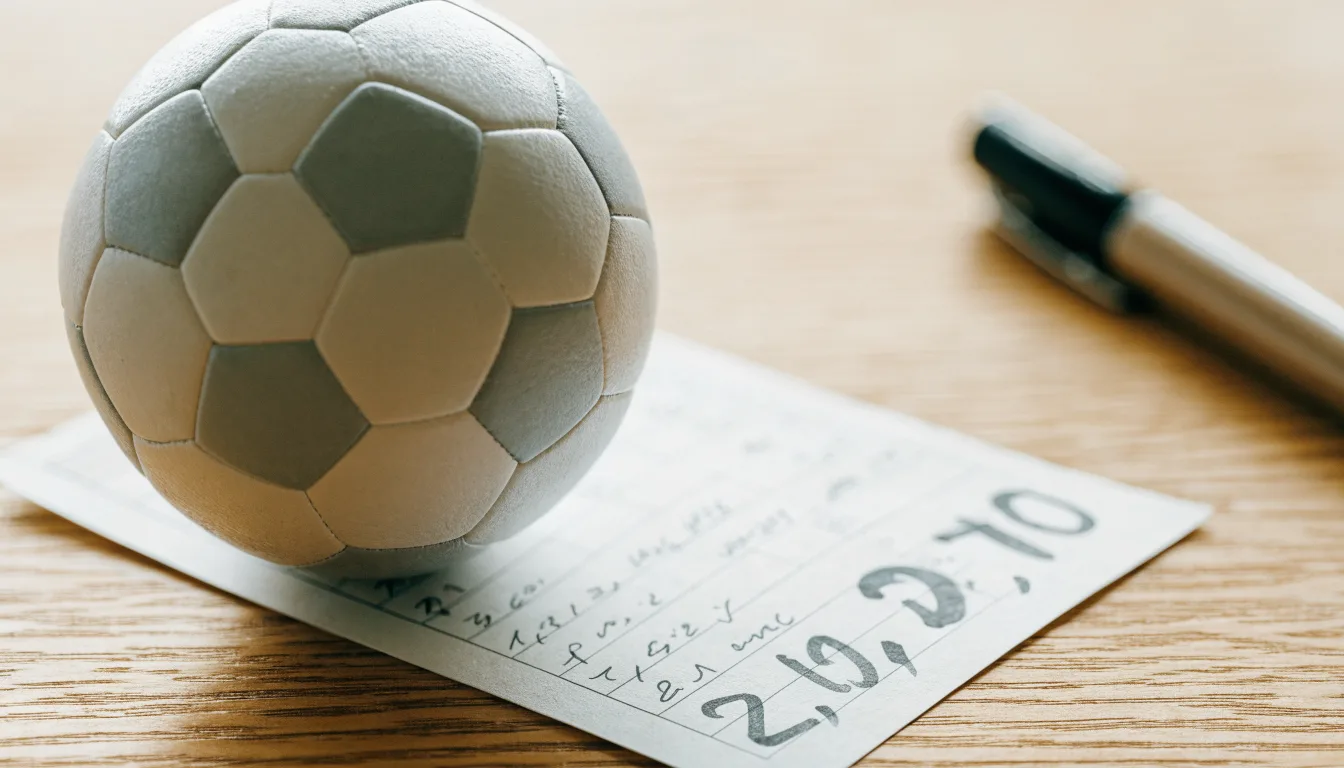 Uma bola de futebol pousada sobre um talão de apostas em branco numa mesa de madeira, à luz do dia