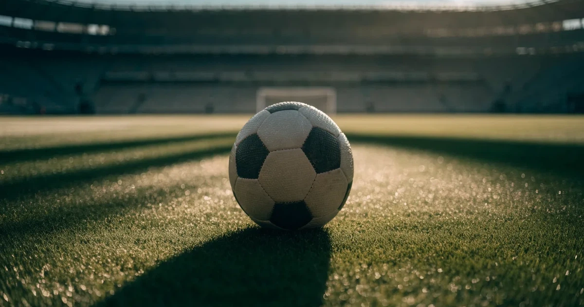 Uma bola de futebol no ponto central de um relvado, à luz da manhã