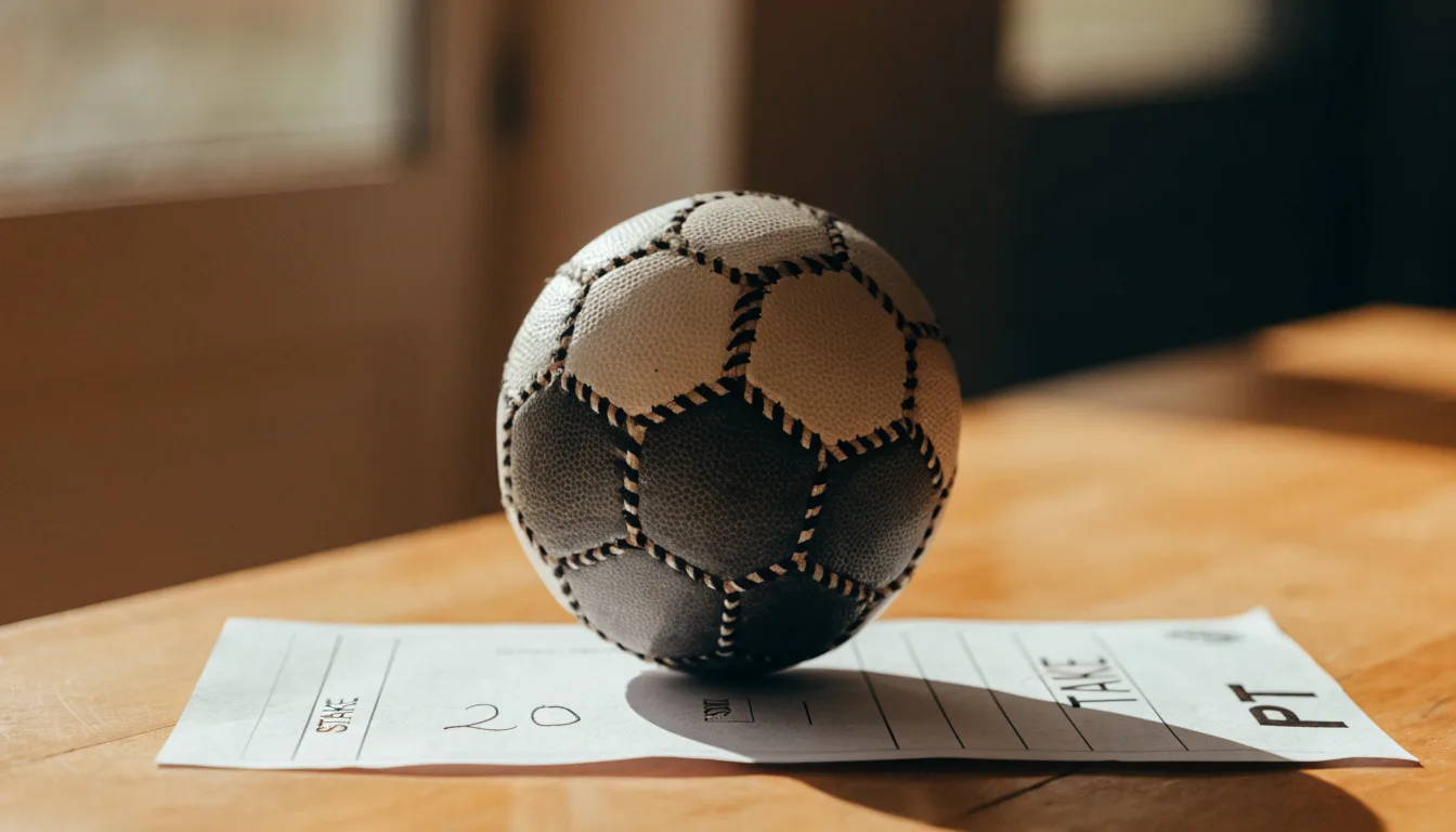 Uma bola de futebol pousada sobre um talão de apostas em branco numa mesa de madeira, à luz do dia