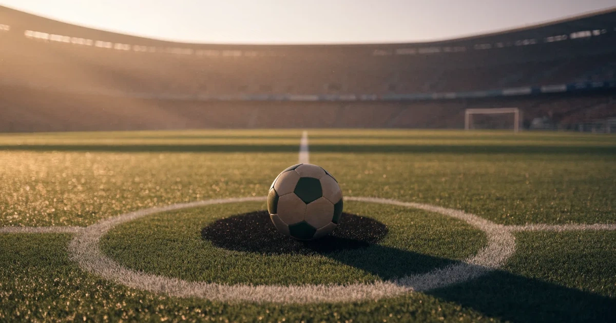 Uma bola de futebol no ponto central de um relvado, à luz da manhã