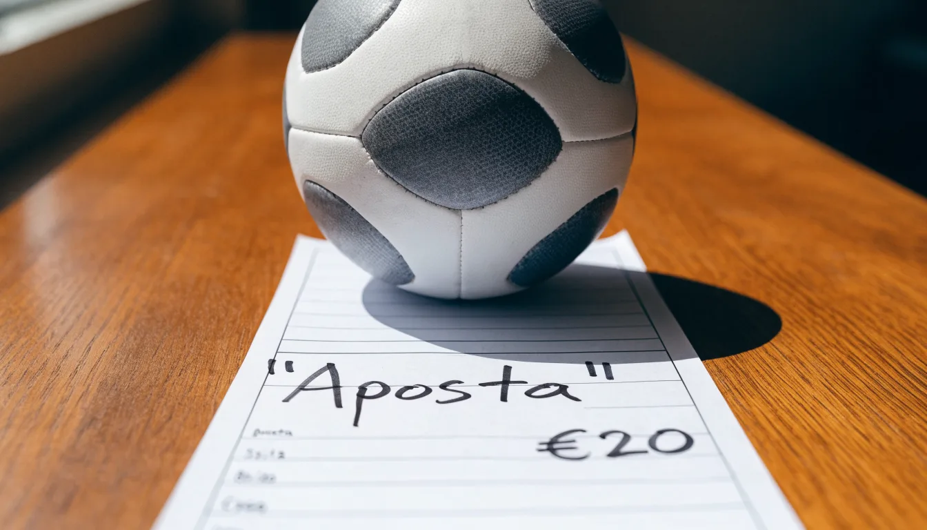 Uma bola de futebol pousada sobre um talão de apostas em branco numa mesa de madeira, à luz do dia