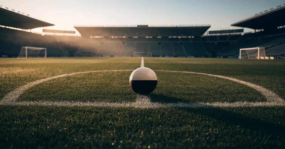 Uma bola de futebol no ponto central de um relvado, à luz da manhã