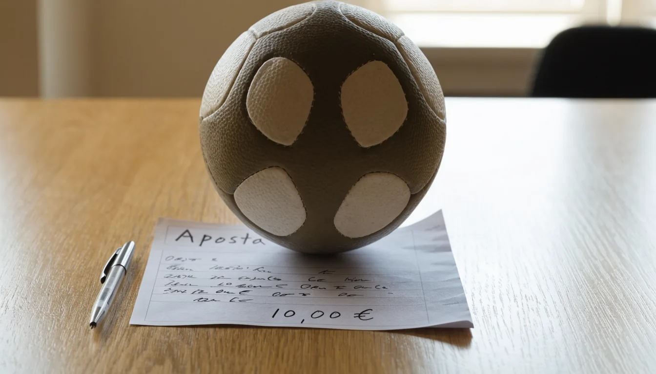 Uma bola de futebol pousada sobre um talão de apostas em branco numa mesa de madeira, à luz do dia