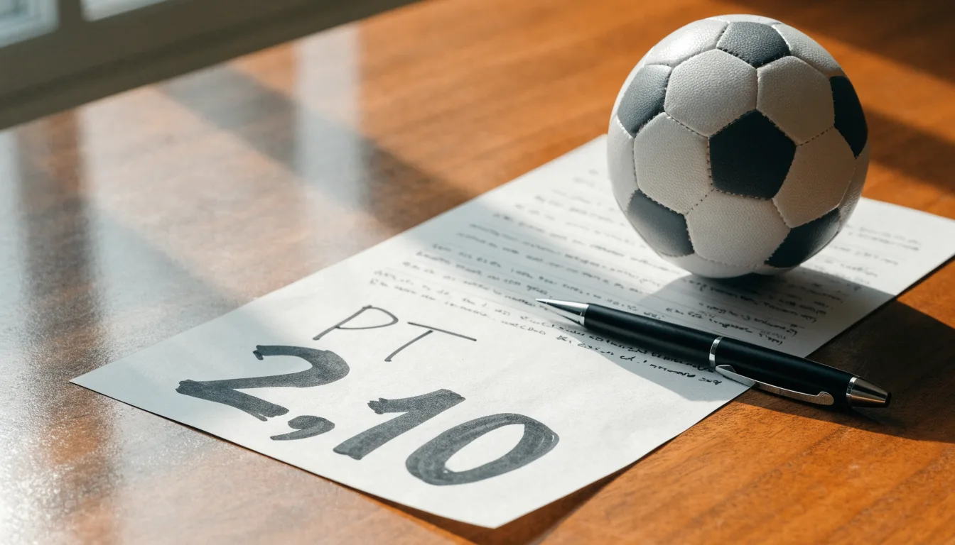 Uma bola de futebol pousada sobre um talão de apostas em branco numa mesa de madeira, à luz do dia