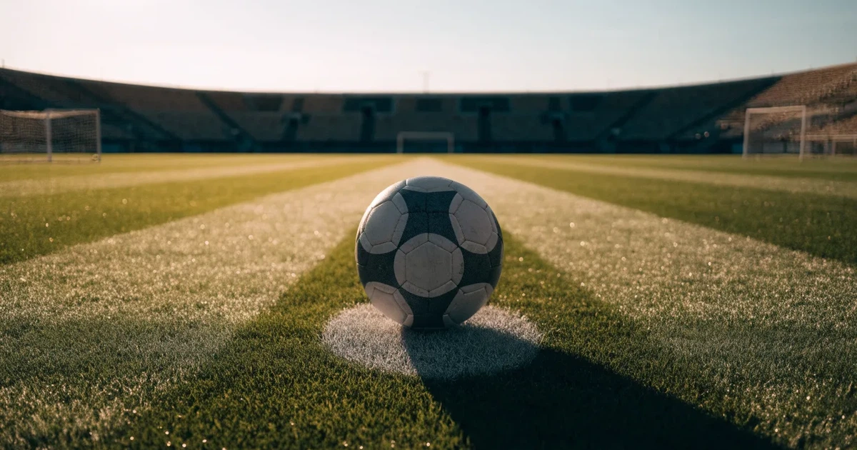 Uma bola de futebol no ponto central de um relvado, à luz da manhã