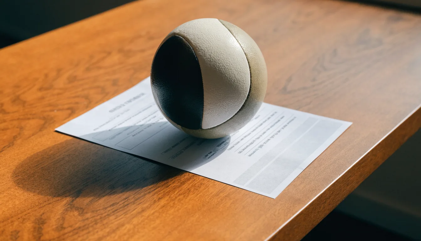 Uma bola de futebol pousada sobre um talão de apostas em branco numa mesa de madeira, à luz do dia