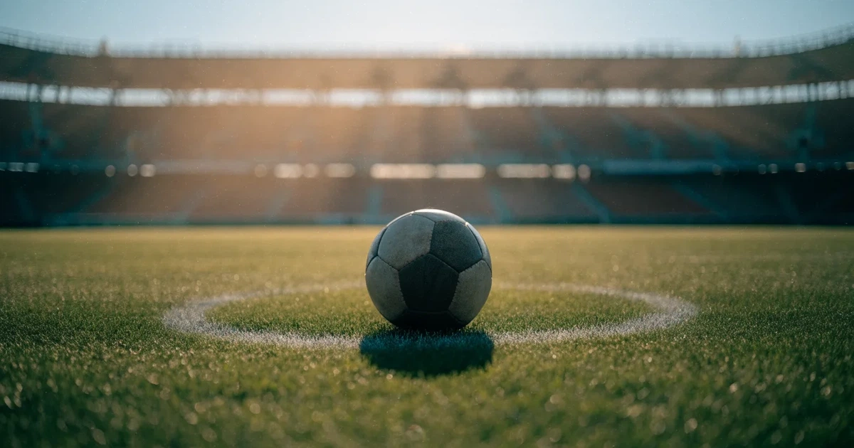 Uma bola de futebol no ponto central de um relvado, à luz da manhã