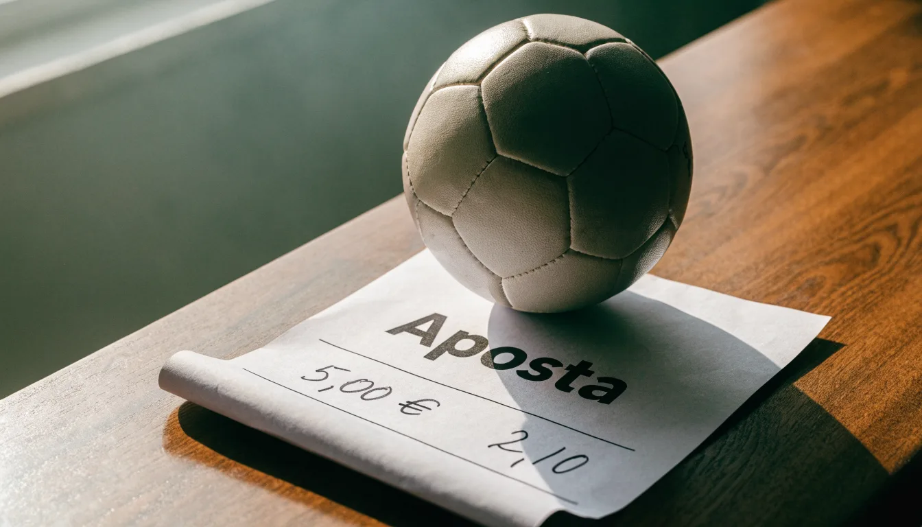 Uma bola de futebol pousada sobre um talão de apostas em branco numa mesa de madeira, à luz do dia