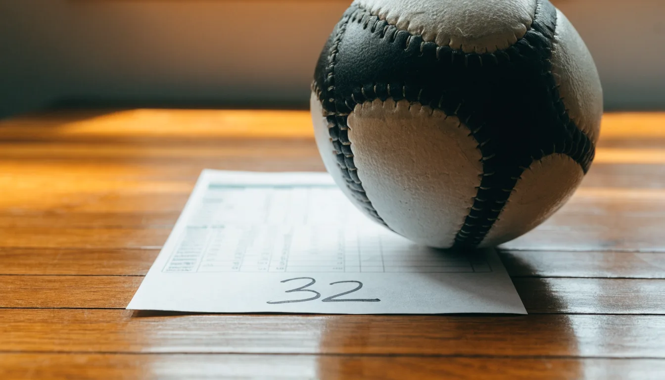 Uma bola de futebol pousada sobre um talão de apostas em branco numa mesa de madeira, à luz do dia