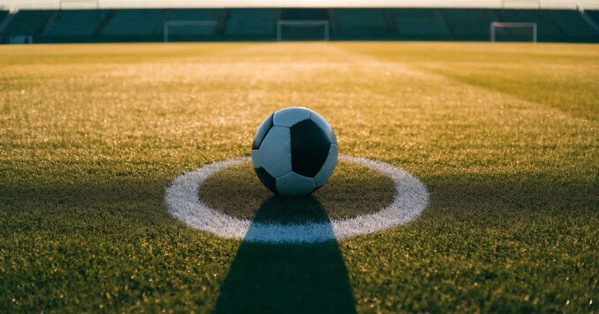 Uma bola de futebol no ponto central de um relvado, à luz da manhã