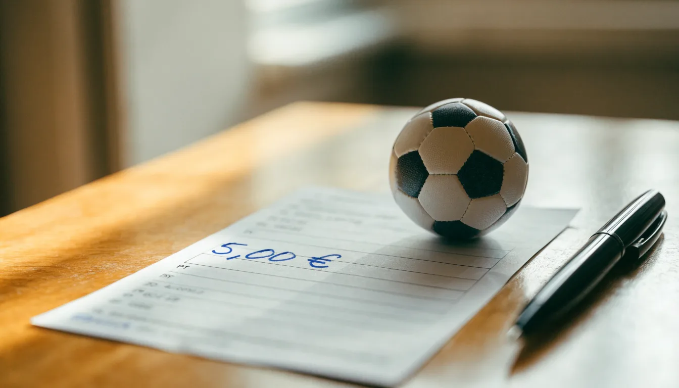 Uma bola de futebol pousada sobre um talão de apostas em branco numa mesa de madeira, à luz do dia