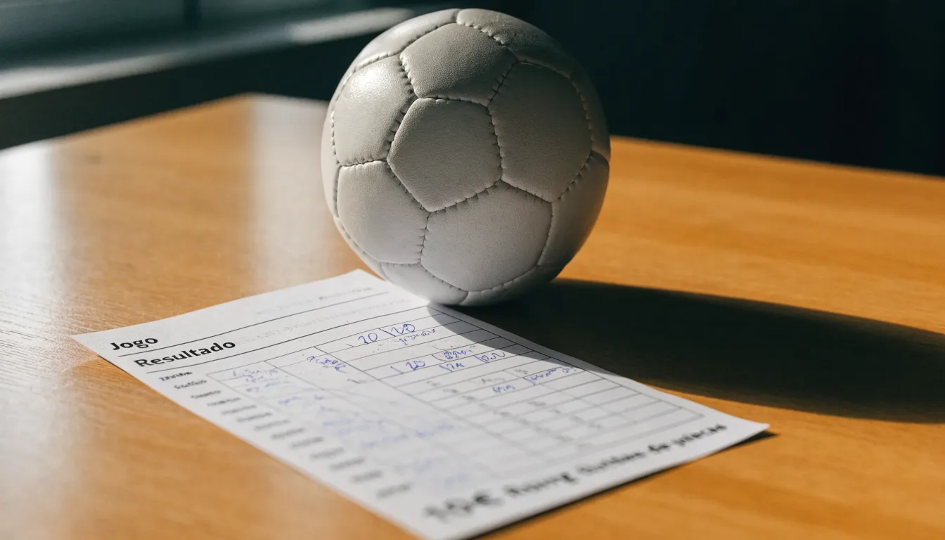 Uma bola de futebol pousada sobre um talão de apostas em branco numa mesa de madeira, à luz do dia