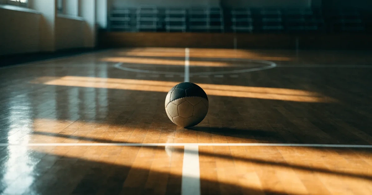 Uma bola de futebol no ponto central de um relvado, à luz da manhã