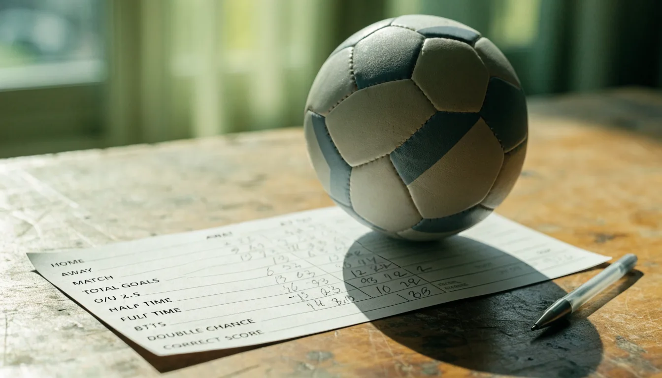 Uma bola de futebol pousada sobre um talão de apostas em branco numa mesa de madeira, à luz do dia