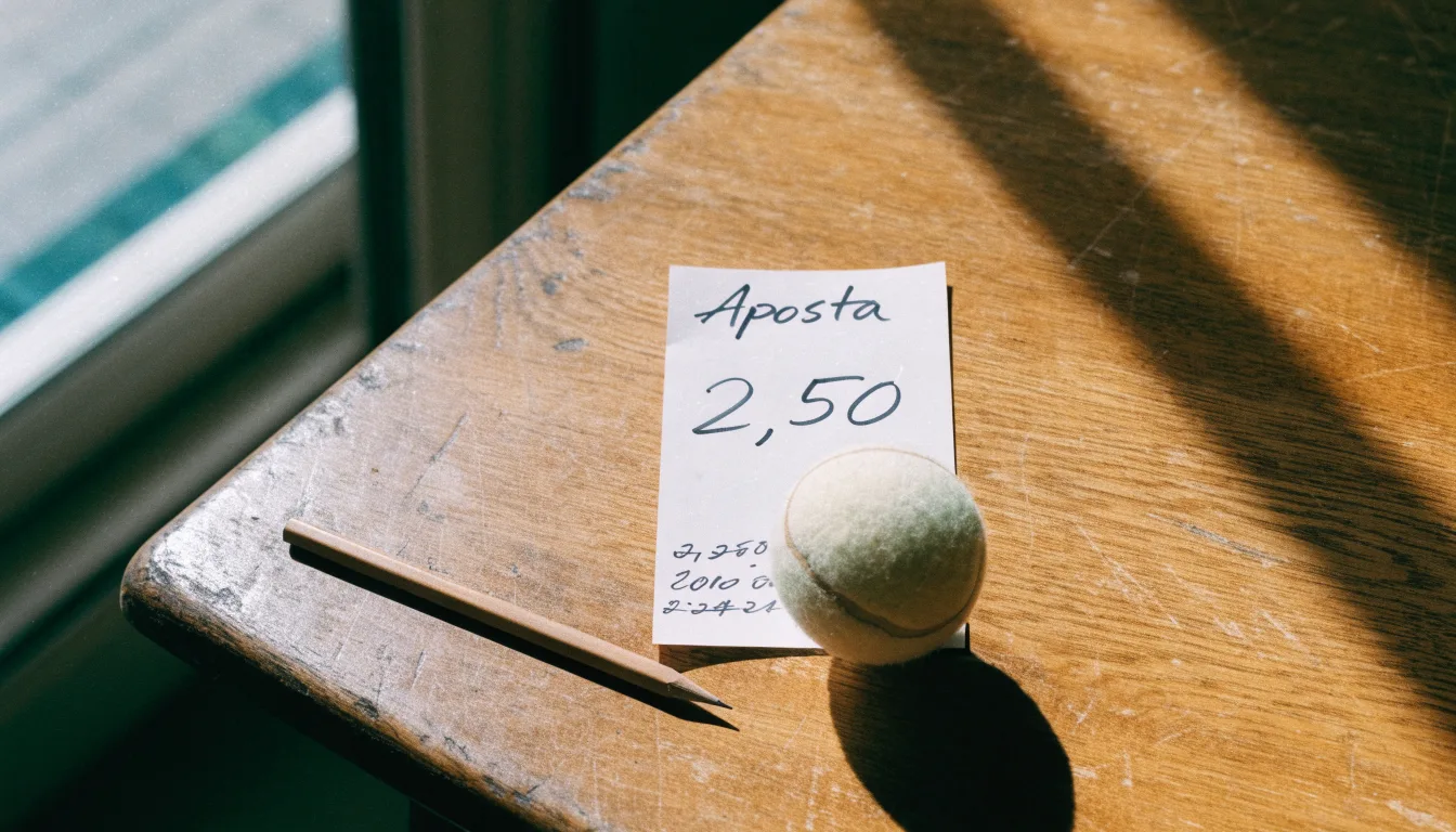 Uma bola de futebol pousada sobre um talão de apostas em branco numa mesa de madeira, à luz do dia
