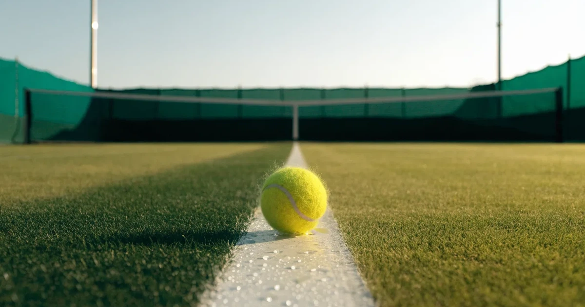 Uma bola de futebol no ponto central de um relvado, à luz da manhã