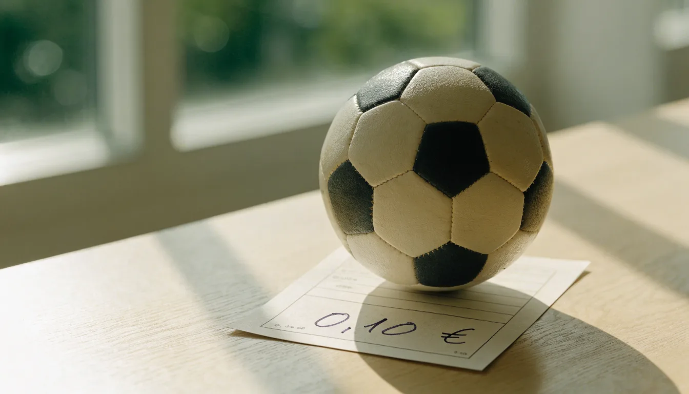 Uma bola de futebol pousada sobre um talão de apostas em branco numa mesa de madeira, à luz do dia
