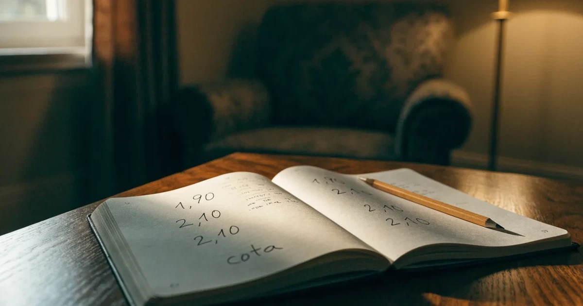 Um caderno aberto com cotas escritas à mão, uma calculadora e um lápis sobre uma mesa de madeira
