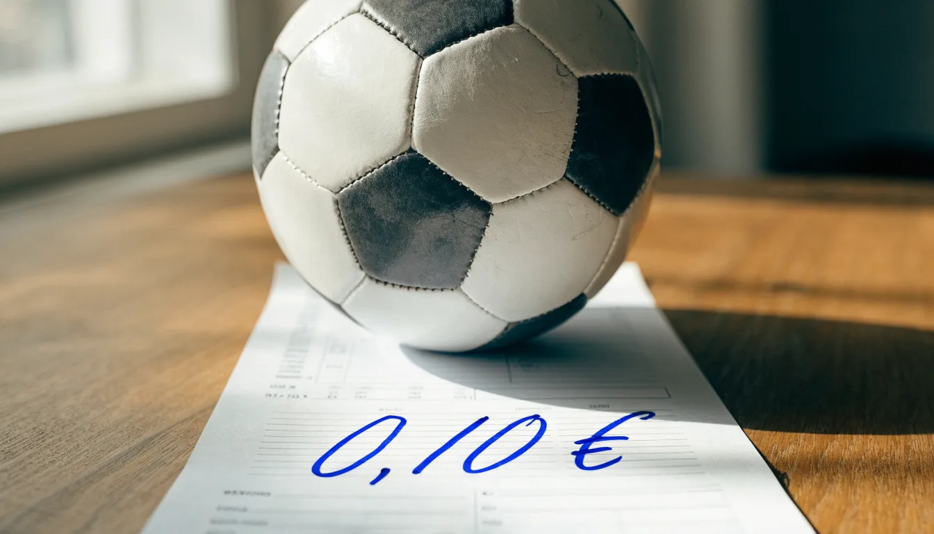 Uma bola de futebol pousada sobre um talão de apostas em branco numa mesa de madeira, à luz do dia