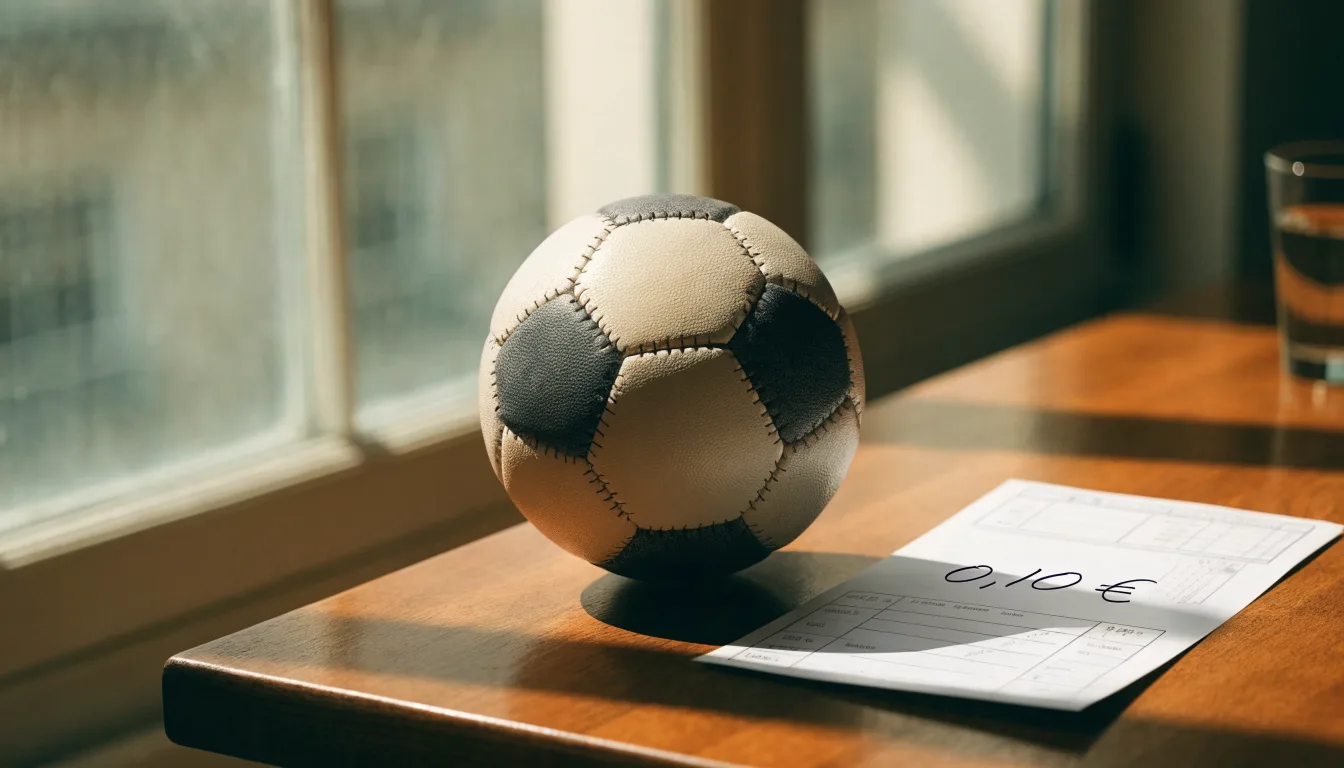 Uma bola de futebol pousada sobre um talão de apostas em branco numa mesa de madeira, à luz do dia