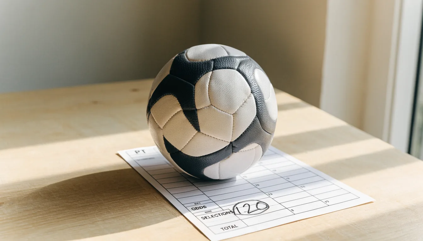 Uma bola de futebol pousada sobre um talão de apostas em branco numa mesa de madeira, à luz do dia