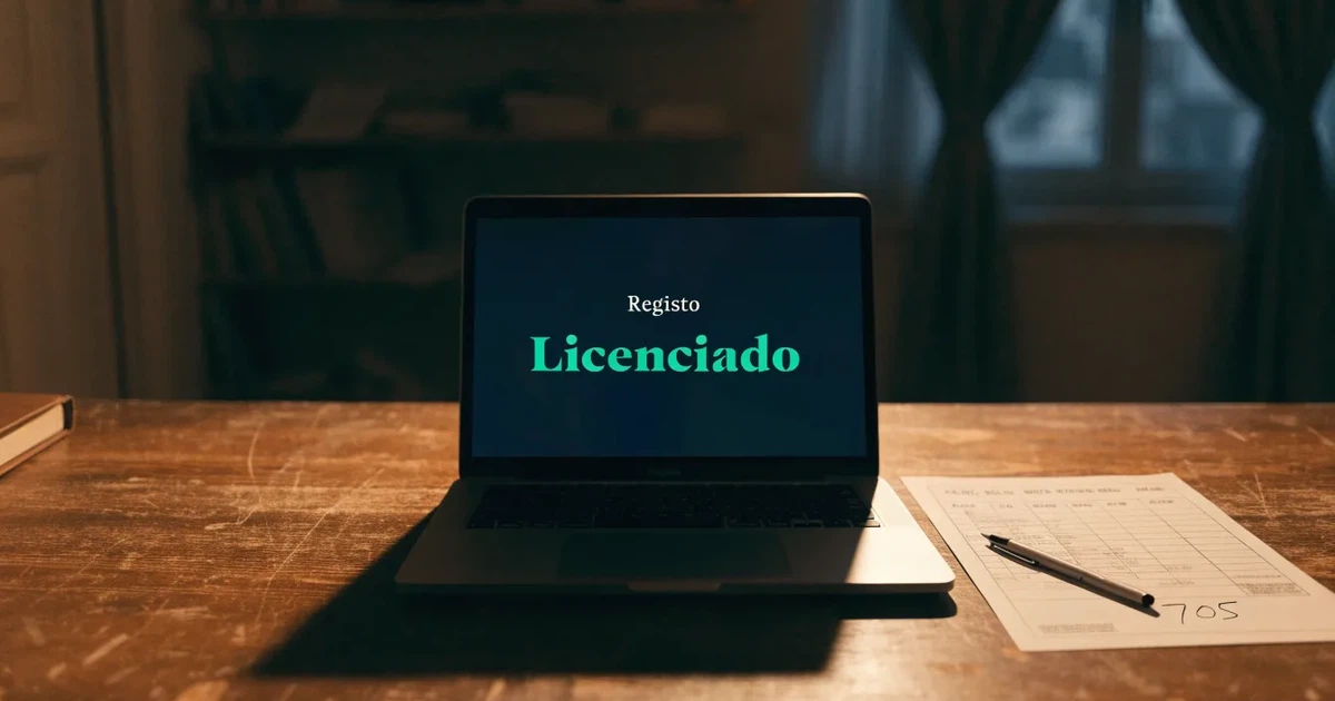 Uma folha de licença em papel com um selo vermelho, pousada numa secretária de madeira ao lado de uma caneta