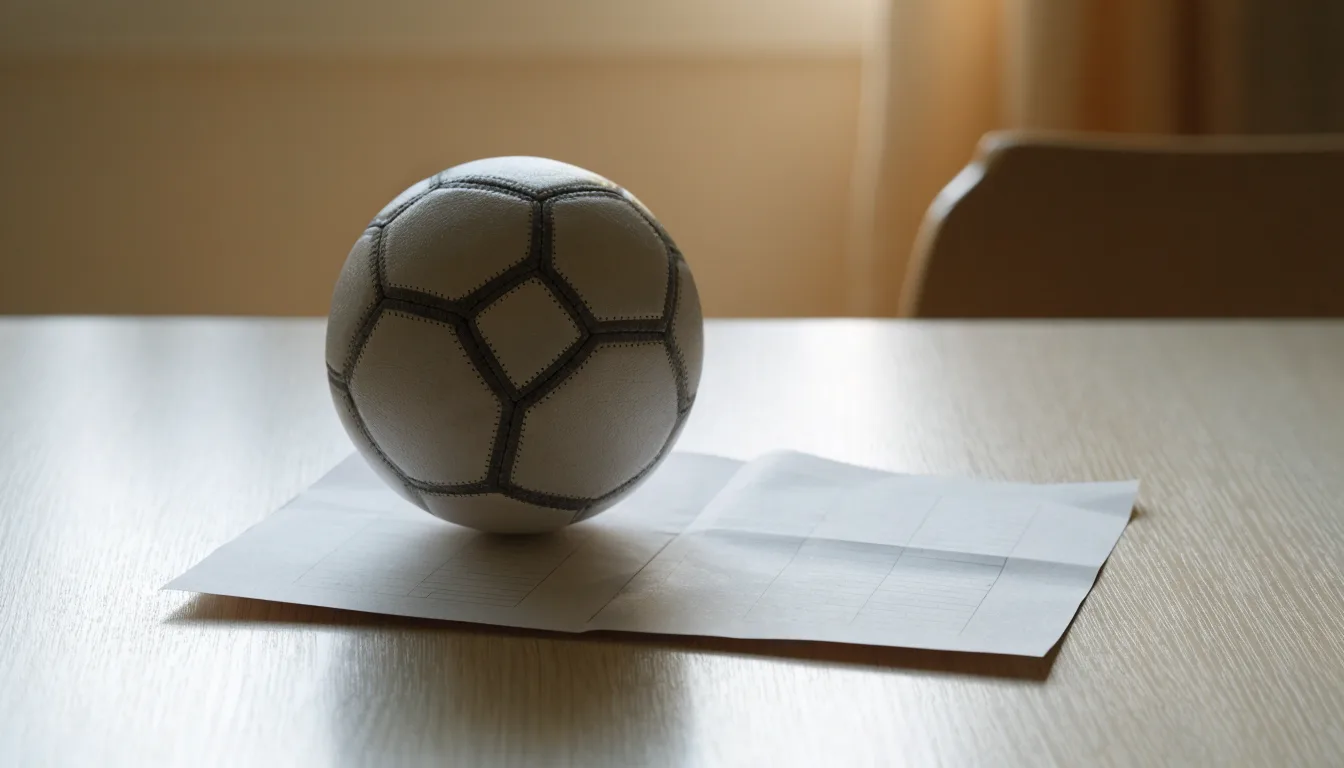 Uma bola de futebol pousada sobre um talão de apostas em branco numa mesa de madeira, à luz do dia
